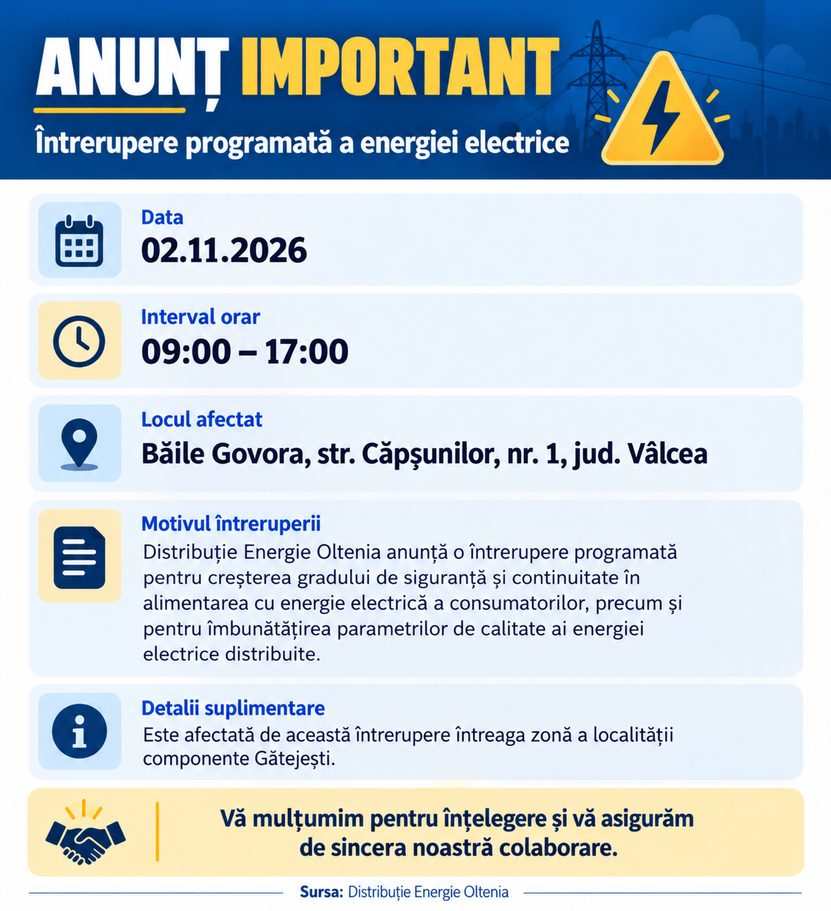 ⚡ ANUNȚ – Întrerupere programată de energie electrică